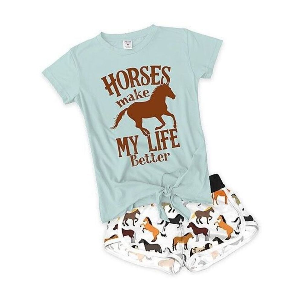 Light Aqua 'Horses Make Life Better' Tie Front Tee & White Horse Shorts Size 14Y